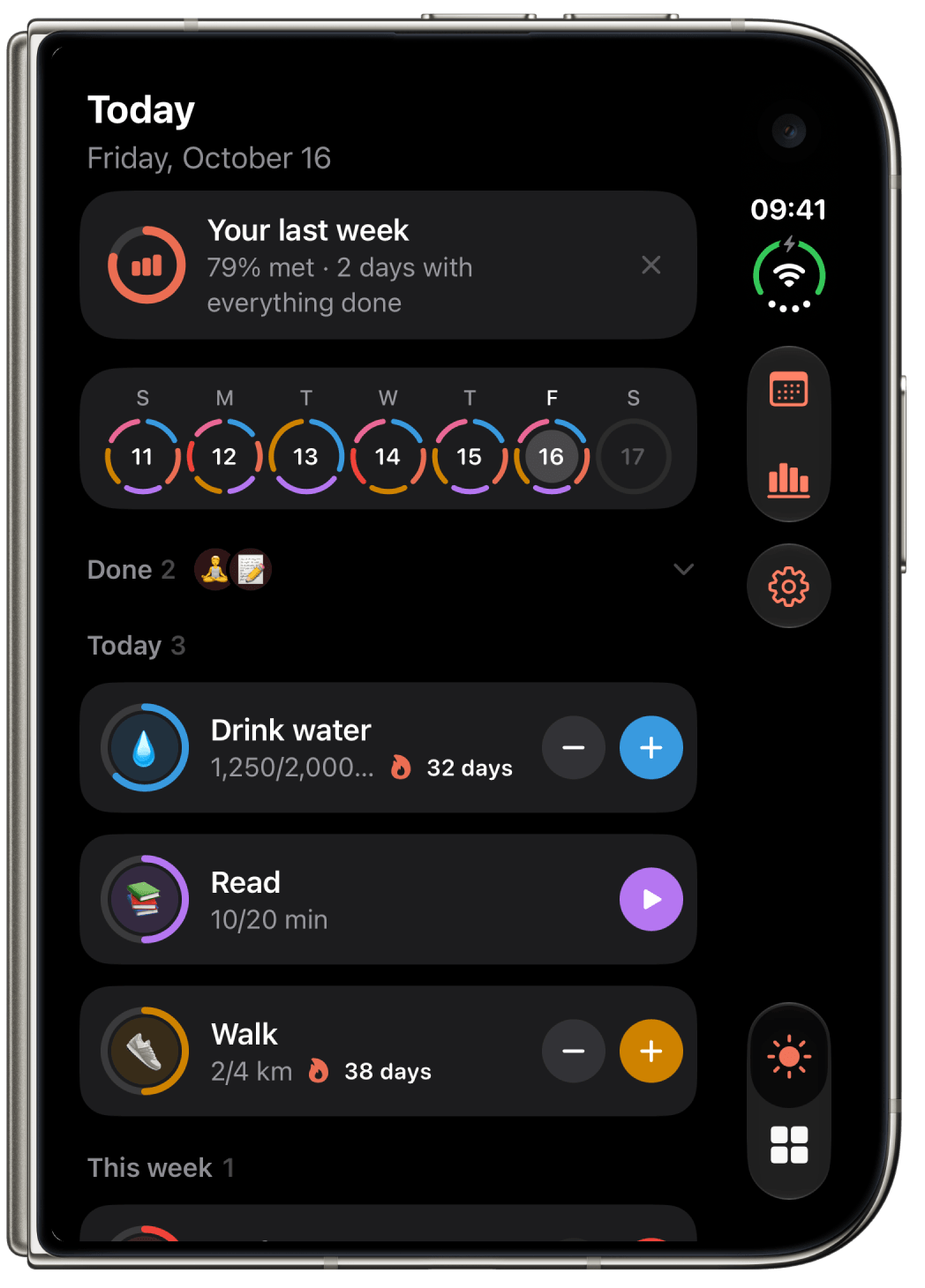 Screenshot of Today on a folded iPhone Duo: the day's habits on its cover display.