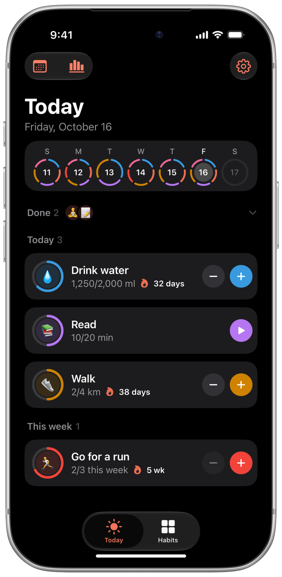 Screenshot of Today: the day's habits, each with its progress ring.