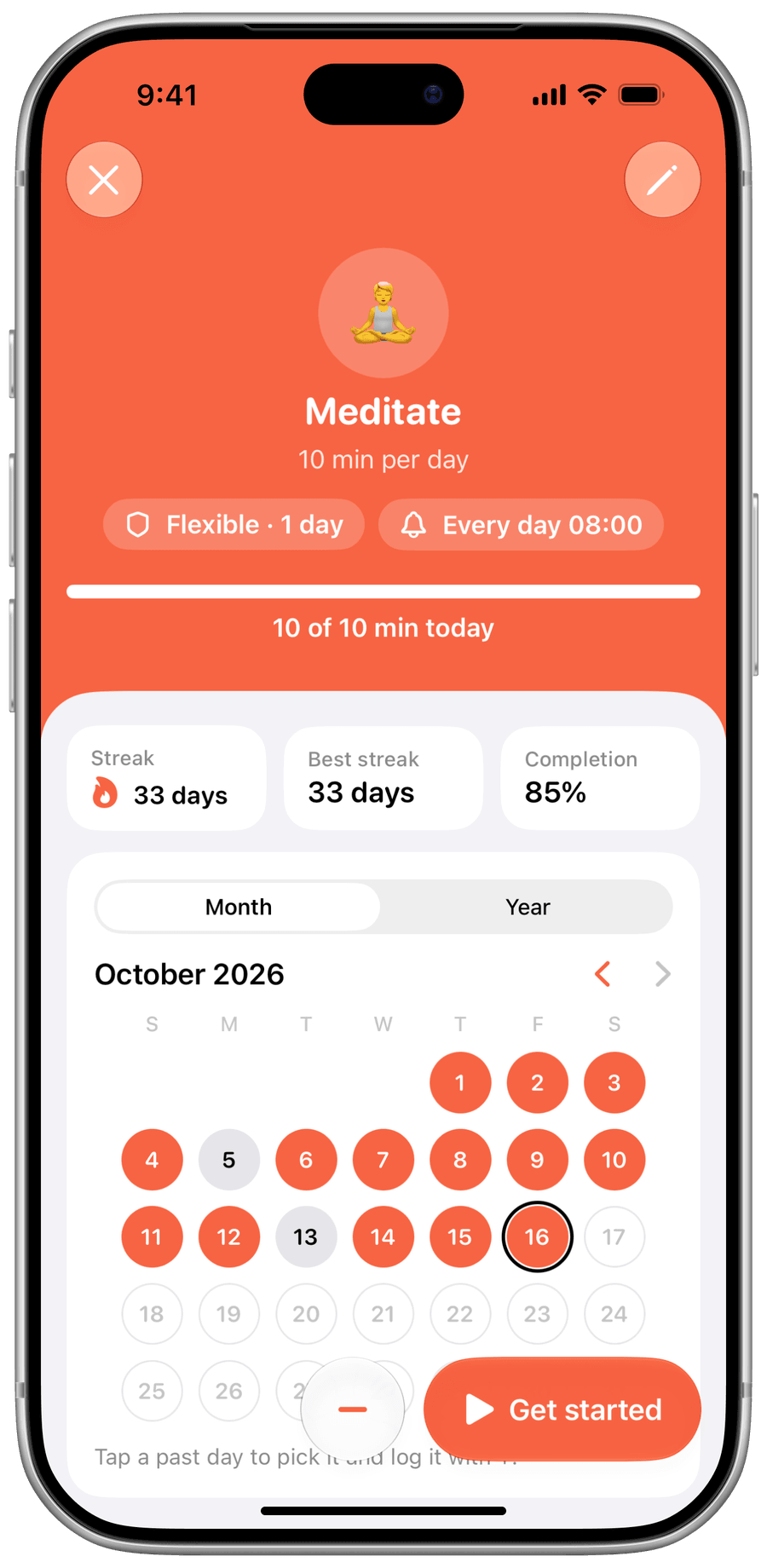 Screenshot of a habit's detail, with its streak and history.