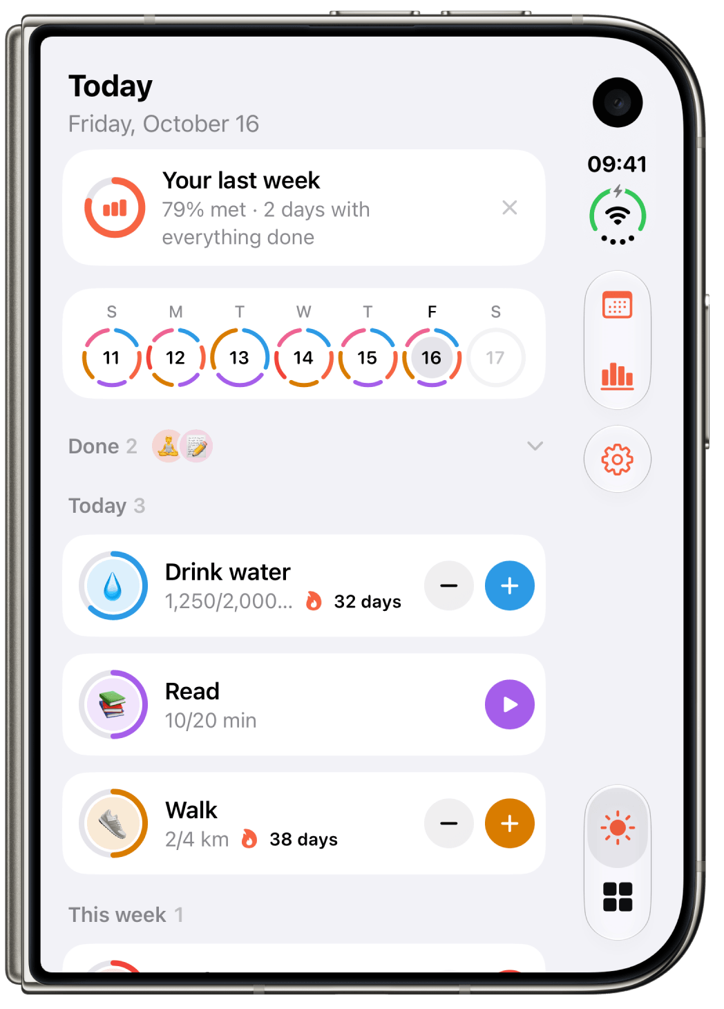 Screenshot of Today on a folded iPhone Duo: the day's habits on its cover display.