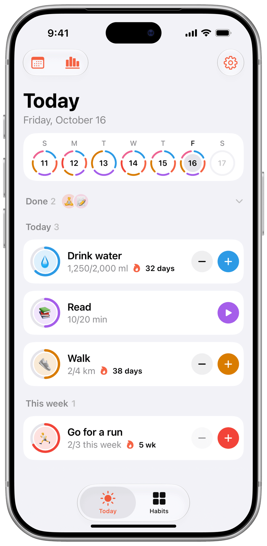 Screenshot of Today: the day's habits, each with its progress ring.