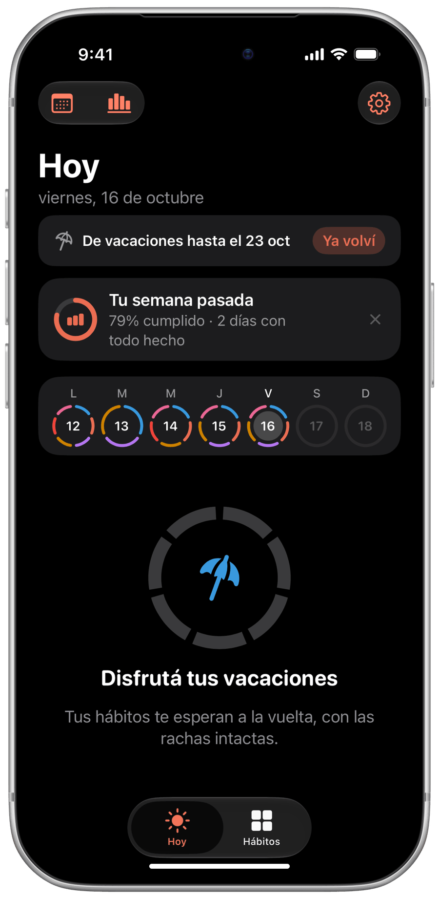 Captura de Hoy en modo vacaciones: un aviso con la fecha de vuelta y el mensaje de que las rachas quedan intactas.