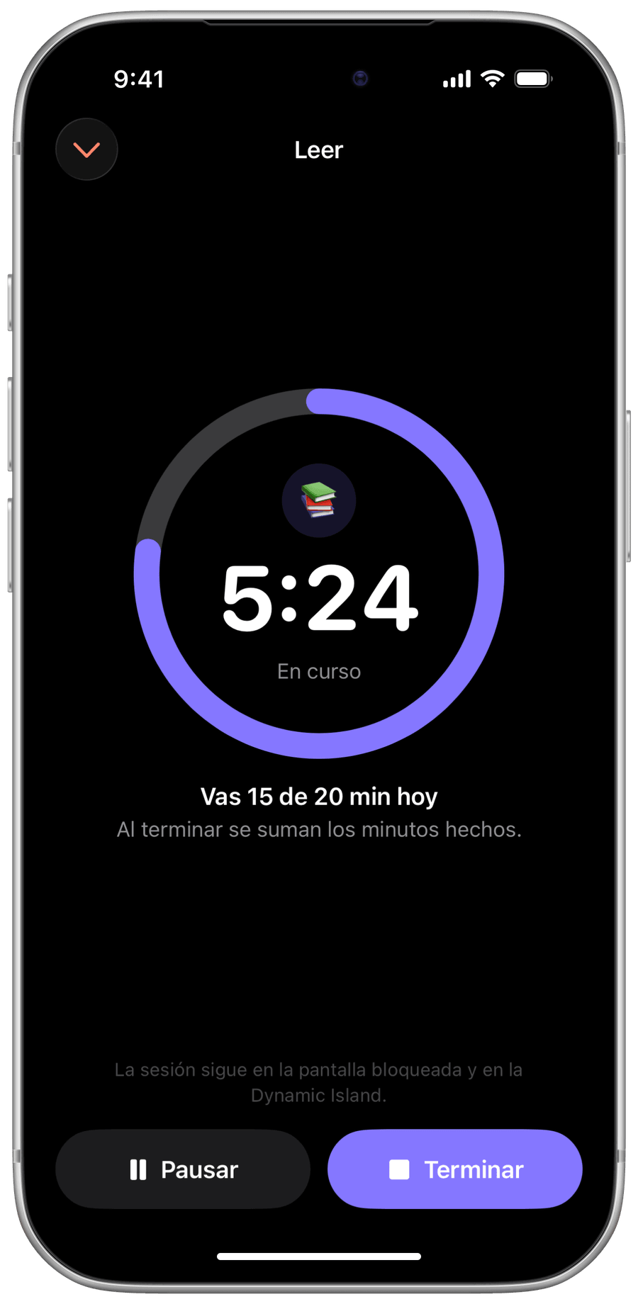 Captura de la pantalla bloqueada con una sesión de lectura de Persi en curso, con su cronómetro.