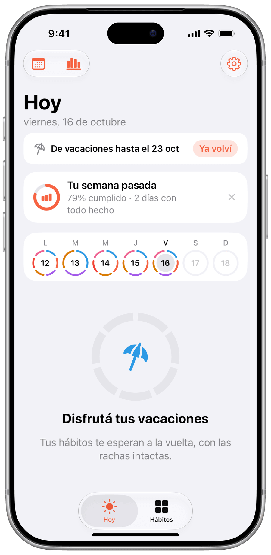 Captura de Hoy en modo vacaciones: un aviso con la fecha de vuelta y el mensaje de que las rachas quedan intactas.