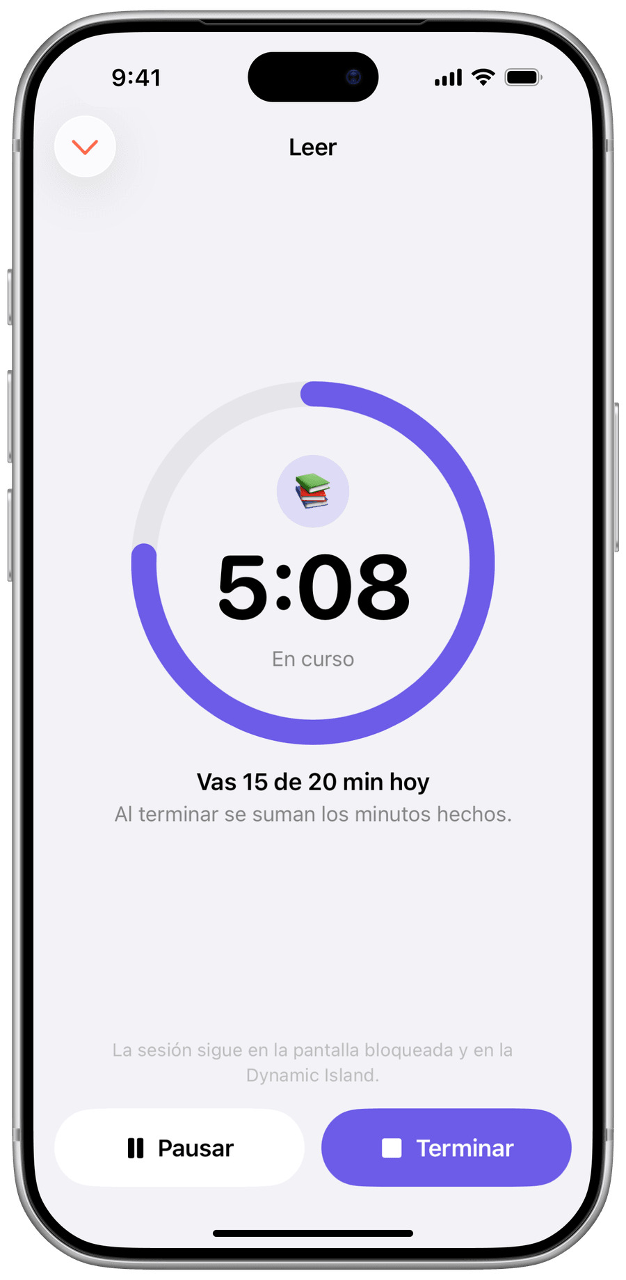 Captura de la pantalla bloqueada con una sesión de lectura de Persi en curso, con su cronómetro.