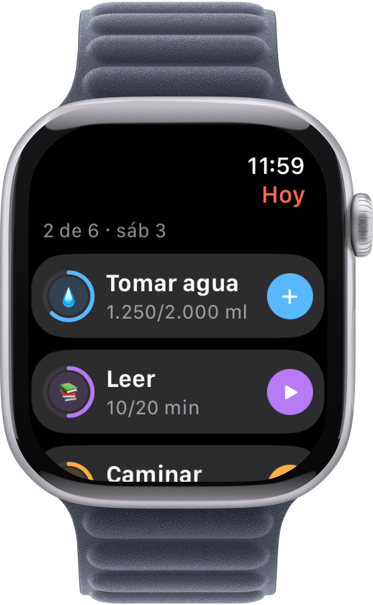 Captura de Hoy en el Apple Watch: los hábitos del día, cada uno con su anillo y su +.