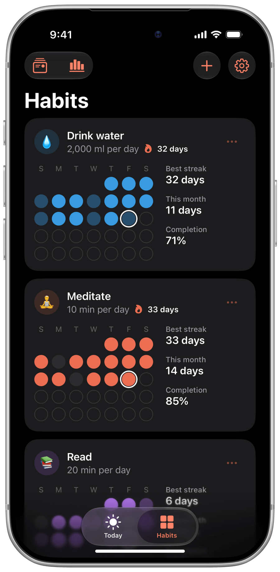 Screenshot of Habits: each habit's week at a glance.