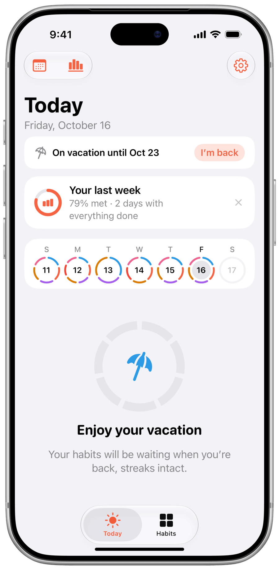 Screenshot of Today in vacation mode: a banner with the return date and a note that streaks stay intact.