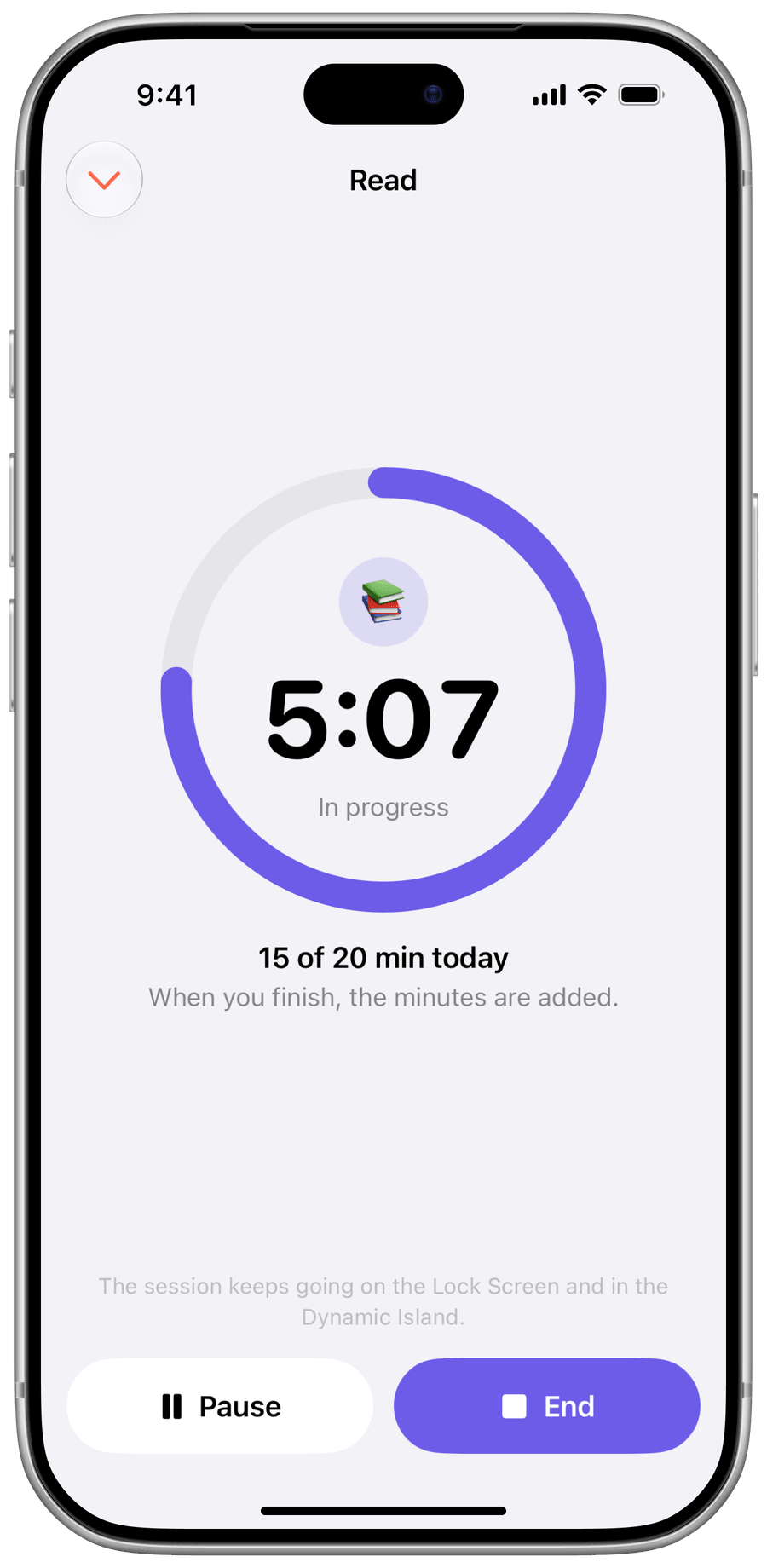 Screenshot of the Lock Screen with a Persi reading session running, with its timer.