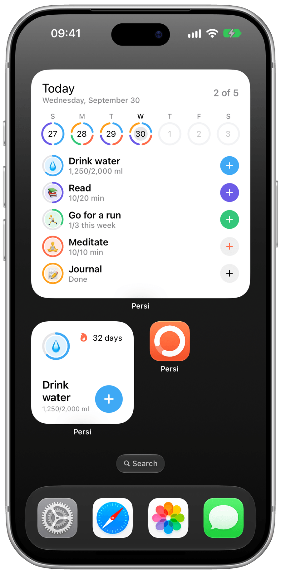 Screenshot of the Home Screen with Persi's widgets.